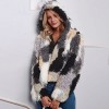 Fashion Women Autumn Winter Faux Fur Hooded Coat Color Block Open Front Fluffy Short Cardigan Outerwear Jacket Khaki