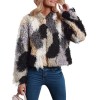 Fashion Women Autumn Winter Faux Fur Hooded Coat Color Block Open Front Fluffy Short Cardigan Outerwear Jacket Khaki