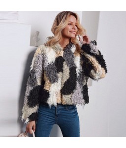 Fashion Women Autumn Winter Faux Fur Hooded Coat Color Block Open Front Fluffy Short Cardigan Outerwear Jacket Khaki