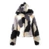 Fashion Women Autumn Winter Faux Fur Hooded Coat Color Block Open Front Fluffy Short Cardigan Outerwear Jacket Khaki