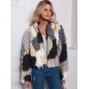 Fashion Women Autumn Winter Faux Fur Hooded Coat Color Block Open Front Fluffy Short Cardigan Outerwear Jacket Khaki