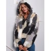 Fashion Women Autumn Winter Faux Fur Hooded Coat Color Block Open Front Fluffy Short Cardigan Outerwear Jacket Khaki