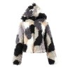 Fashion Women Autumn Winter Faux Fur Hooded Coat Color Block Open Front Fluffy Short Cardigan Outerwear Jacket Khaki