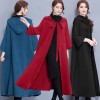 Women Vintage Long Hooded Cape Stole Solid Color Pockets Windbreaker Cape Cloak Coat Outwear Overcoat