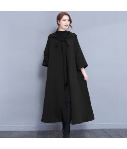 Women Vintage Long Hooded Cape Stole Solid Color Pockets Windbreaker Cape Cloak Coat Outwear Overcoat