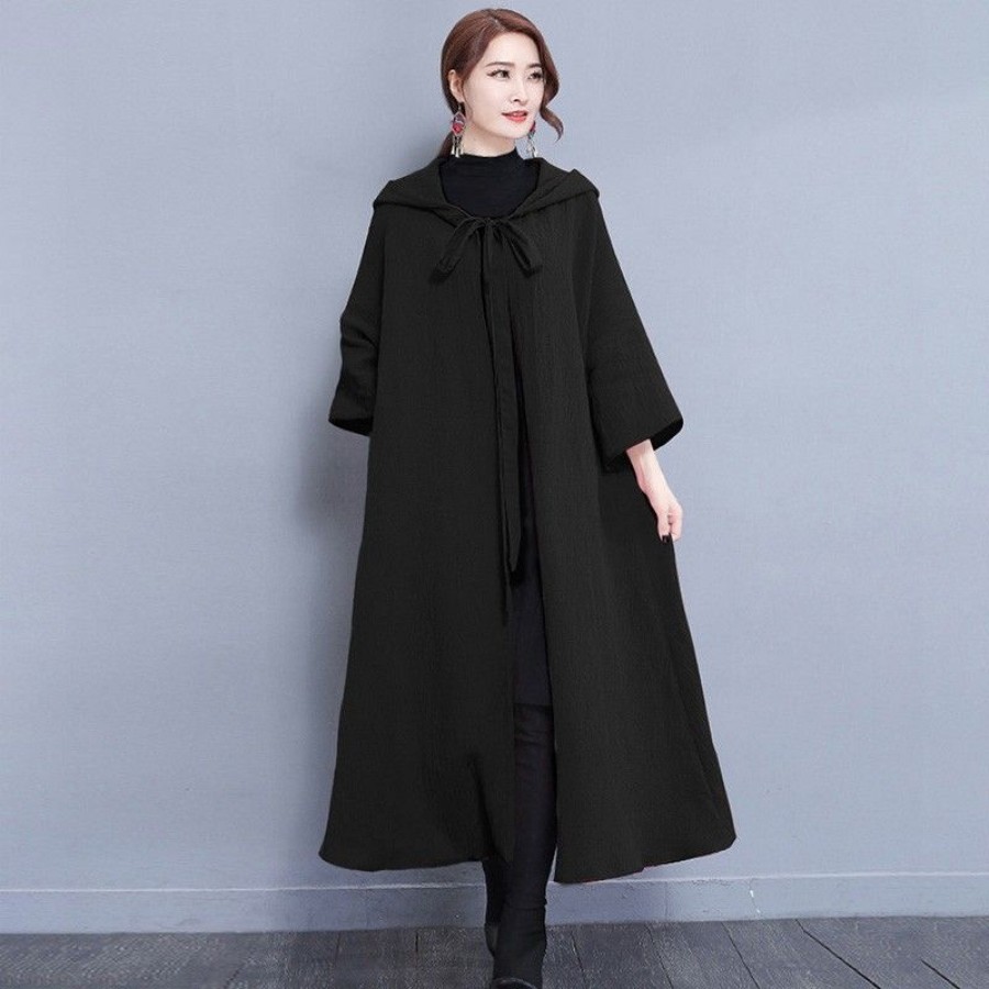 Women Vintage Long Hooded Cape Stole Solid Color Pockets Windbreaker Cape Cloak Coat Outwear Overcoat