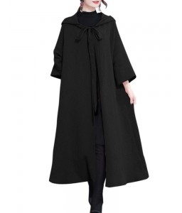 Women Vintage Long Hooded Cape Stole Solid Color Pockets Windbreaker Cape Cloak Coat Outwear Overcoat