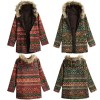 Women Winter Coat Fluffy Faux Fur Geometry Print Zipper Hooded Neck Long Sleeve Pockets Cotton Outwear Overcoat Green/Red