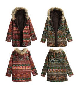 Women Winter Coat Fluffy Faux Fur Geometry Print Zipper Hooded Neck Long Sleeve Pockets Cotton Outwear Overcoat Green/Red