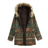 Women Winter Coat Fluffy Faux Fur Geometry Print Zipper Hooded Neck Long Sleeve Pockets Cotton Outwear Overcoat Green/Red