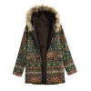 Women Winter Coat Fluffy Faux Fur Geometry Print Zipper Hooded Neck Long Sleeve Pockets Cotton Outwear Overcoat Green/Red