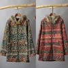 Women Winter Coat Fluffy Faux Fur Geometry Print Zipper Hooded Neck Long Sleeve Pockets Cotton Outwear Overcoat Green/Red