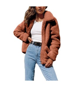 Women Jacket Fluffy Faux Fur Solid Color Turn Down Collar Long Sleeve Zipper Pockets Casual Street Wear