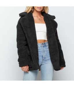 Women Faux Fur Coat Jacket Warm Fleece Long Sleeves Notched Lapel Collar Solid Vintage Furry Casual Long Overcoat Outwear