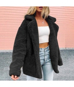 Women Faux Fur Coat Jacket Warm Fleece Long Sleeves Notched Lapel Collar Solid Vintage Furry Casual Long Overcoat Outwear