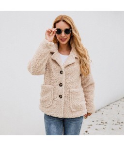 Fashion Women Winter Solid Color Coat Turn-Down Collar Long Sleeve Buttons Pocket Thick Casual Jacket Outwear