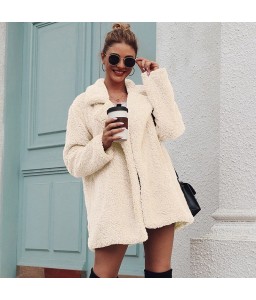 Women Faux Fur Coat Jacket Warm Fleece Long Sleeves Notched Lapel Collar Solid Vintage Furry Casual Long Overcoat