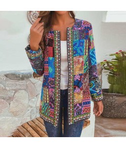 Women Ethnic Printed Cardigan Thin Coats Long Sleeve Blouse Coats Casual O Neck Open Stich Plus Size Overcoats Outwear