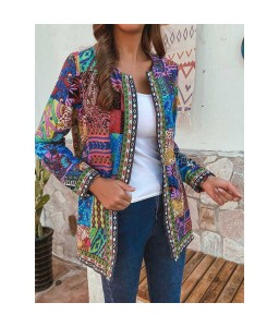 Women Ethnic Printed Cardigan Thin Coats Long Sleeve Blouse Coats Casual O Neck Open Stich Plus Size Overcoats Outwear