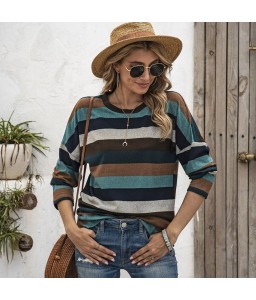 Fashion Women Knitted Blouse Striped Spliced O Neck Long Sleeve Split Hem Autumn Casual Shirt Top