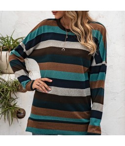 Fashion Women Knitted Blouse Striped Spliced O Neck Long Sleeve Split Hem Autumn Casual Shirt Top