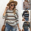 Fashion Women Knitted Blouse Striped Spliced O Neck Long Sleeve Split Hem Autumn Casual Shirt Top