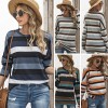 Fashion Women Knitted Blouse Striped Spliced O Neck Long Sleeve Split Hem Autumn Casual Shirt Top