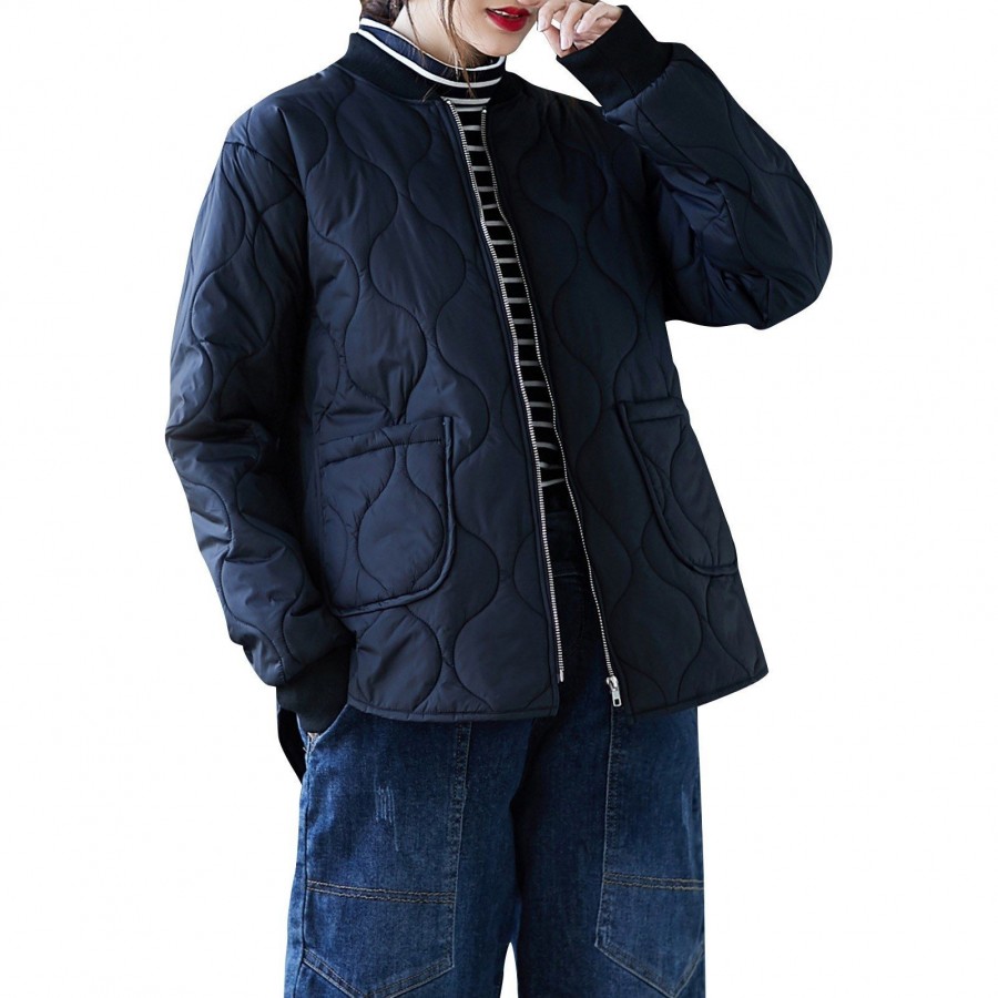 Women Quilted Jackets Zip Up Pockets Loose Casual Vintage Coat Winter Comfy Outerwear