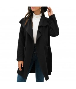 Women Winter Coat Spread Collar Side Pockets Open Front Windbreaker Loose Casual Warm Cardigan Overcoat