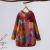 Women Fleece Hooded Jacket Vintage Print Pockets Button Down Loose Coat