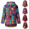 Women Fleece Hooded Jacket Vintage Print Pockets Button Down Loose Coat