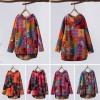 Women Fleece Hooded Jacket Vintage Print Pockets Button Down Loose Coat