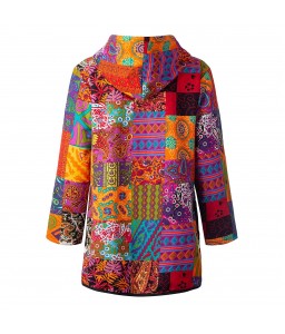 Women Fleece Hooded Jacket Vintage Print Pockets Button Down Loose Coat