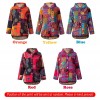 Women Fleece Hooded Jacket Vintage Print Pockets Button Down Loose Coat