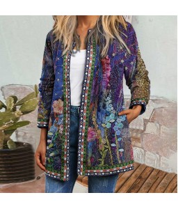 Vintage Women Print Cardigan Long Sleeve Pocket Loose Casual Jacket Coat Outerwear