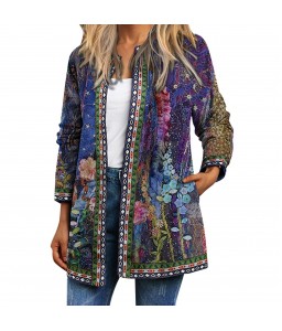 Vintage Women Print Cardigan Long Sleeve Pocket Loose Casual Jacket Coat Outerwear