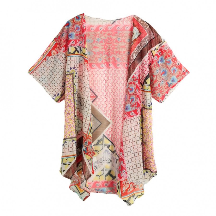 Vintage Geometry Print Half Bat Sleeve Sheer Chiffon Kimono for Women