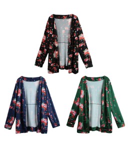 New Vintage Women Kimono Cardigan Floral Print Long Sleeve Loose Outerwear Coat Tops Black/Dark Green/Royal Blue