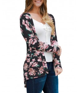 Fashion Women Cardigan Floral Print Long Sleeve All-match Casual Slim Thin Outwear Kimono Black/Grey/White