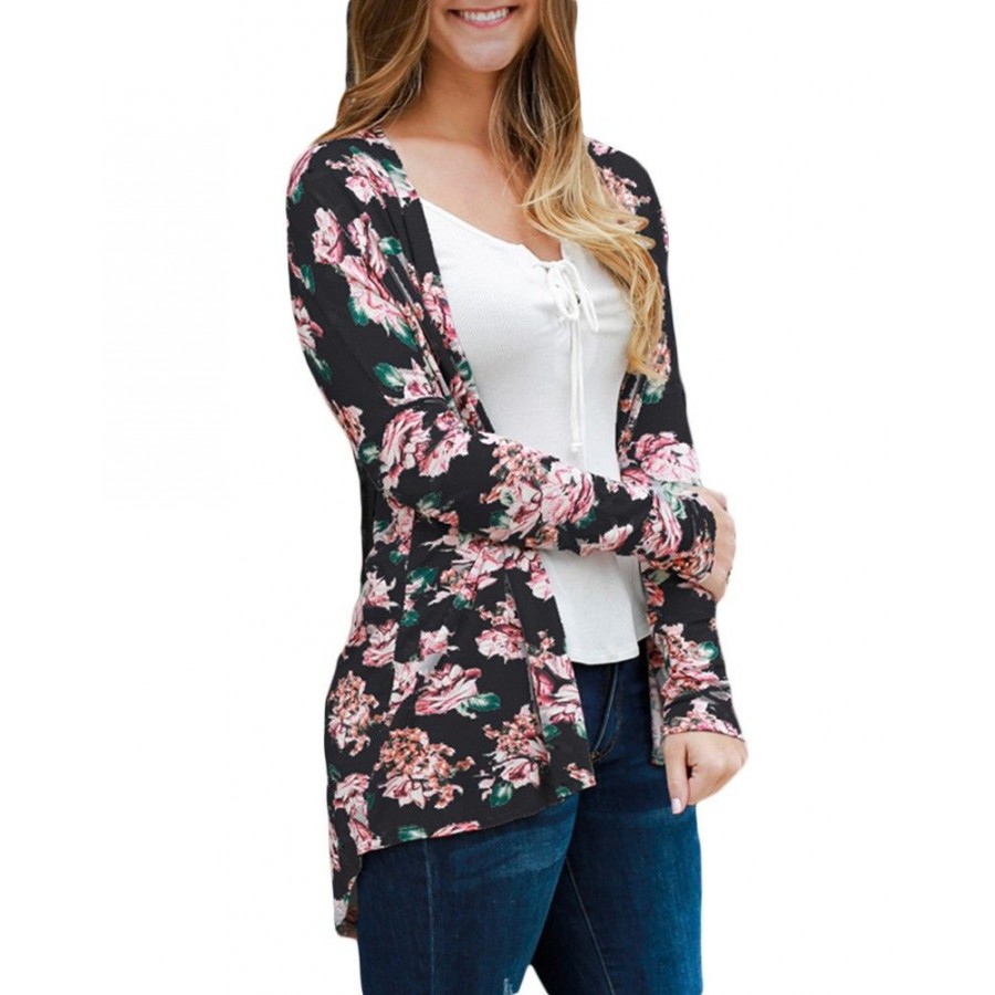 Fashion Women Cardigan Floral Print Long Sleeve All-match Casual Slim Thin Outwear Kimono Black/Grey/White