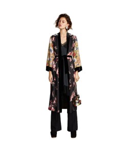 Women Flower Print Kimono Shirt Bandage Cardigan Blouse Top Cover Up Boho Long Loose Beach Robe with Sash Yellow