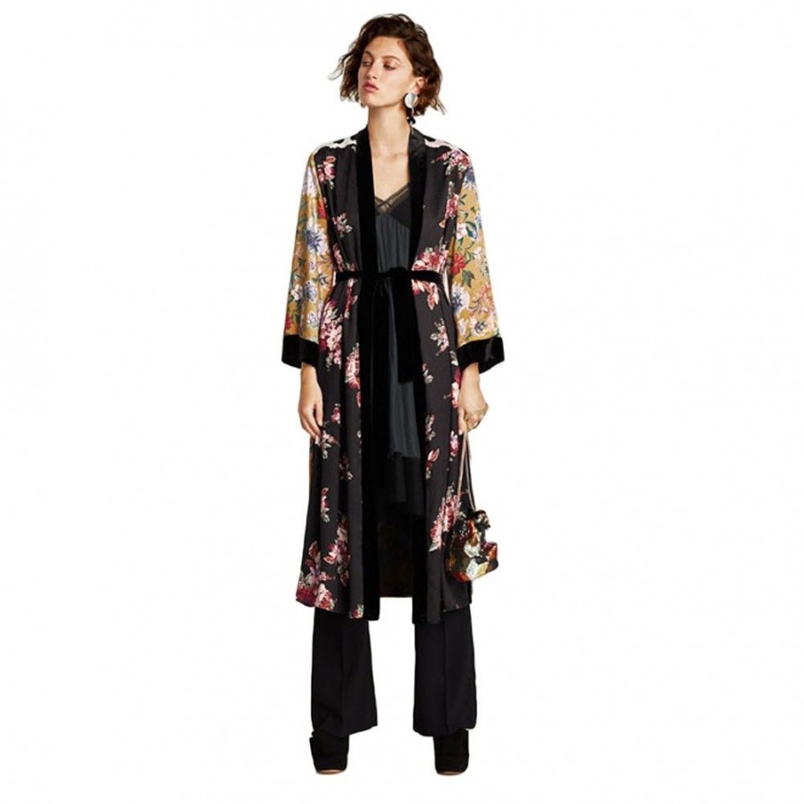 Women Flower Print Kimono Shirt Bandage Cardigan Blouse Top Cover Up Boho Long Loose Beach Robe with Sash Yellow