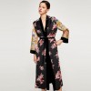 Women Flower Print Kimono Shirt Bandage Cardigan Blouse Top Cover Up Boho Long Loose Beach Robe with Sash Yellow