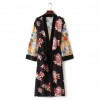 Women Flower Print Kimono Shirt Bandage Cardigan Blouse Top Cover Up Boho Long Loose Beach Robe with Sash Yellow