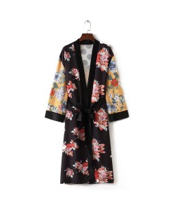 Women Flower Print Kimono Shirt Bandage Cardigan Blouse Top Cover Up Boho Long Loose Beach Robe with Sash Yellow