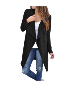 Women Waffle Knitted Cardigan Coat Open Front Turn-down Collar Bertha Loose Long Outwear