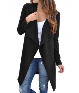 Women Waffle Knitted Cardigan Coat Open Front Turn-down Collar Bertha Loose Long Outwear