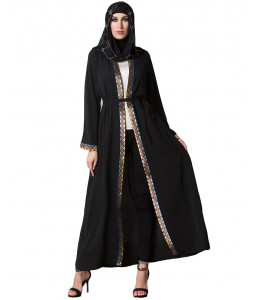 Vintage Women Arabia Middle East Long Muslim Trench Coat Plus Size Retro Spliced Long Sleeve Maxi Robe Black