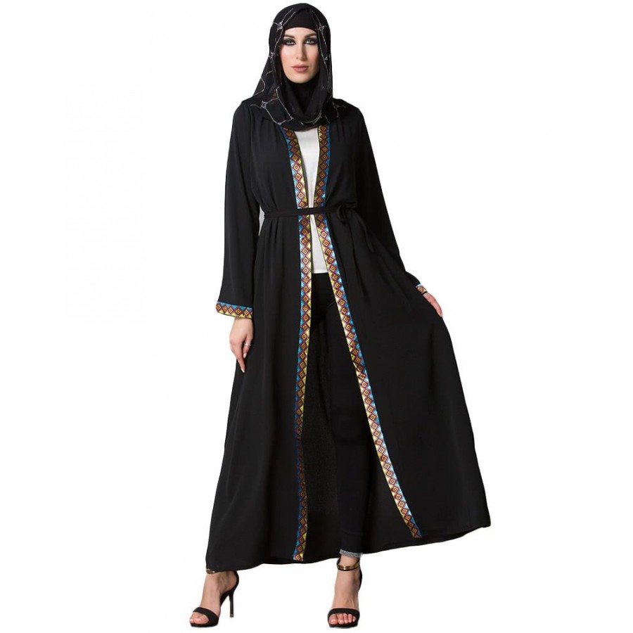 Vintage Women Arabia Middle East Long Muslim Trench Coat Plus Size Retro Spliced Long Sleeve Maxi Robe Black