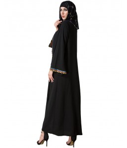 Vintage Women Arabia Middle East Long Muslim Trench Coat Plus Size Retro Spliced Long Sleeve Maxi Robe Black